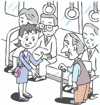 席を譲る 席,譲る,電車内,気遣い,思いやり,優しさ,女性,高齢者,老人,人物のイラスト素材