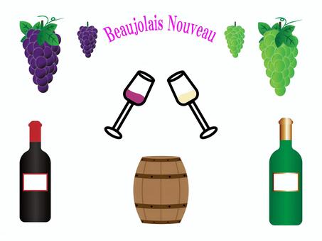 ワイン＿ボジョレーヌーボー ワイン,ぶどう,食べ物,つる,葉,樽,ワインボトル,ラベル,赤ワイン,白ワインのイラスト素材