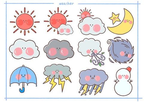 ゆるかわ天気マークセット 天気,マーク,アイコン,晴れ,くもり,雨,雷,雪,風,天気予報のイラスト素材