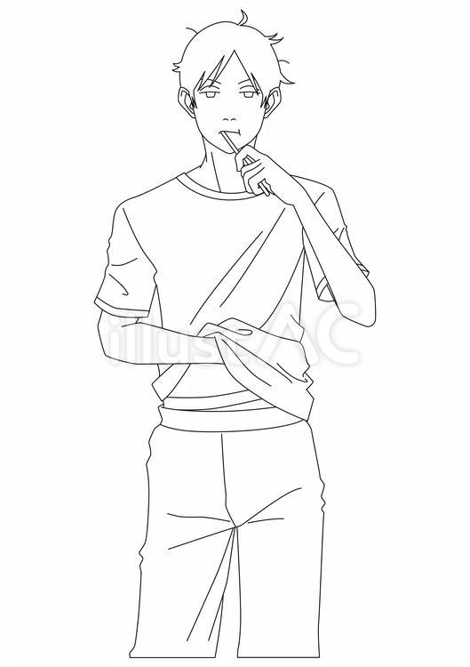 歯磨きをする寝起きの男性モノクロ線画 歯磨き,寝癖,寝起きのイラスト素材