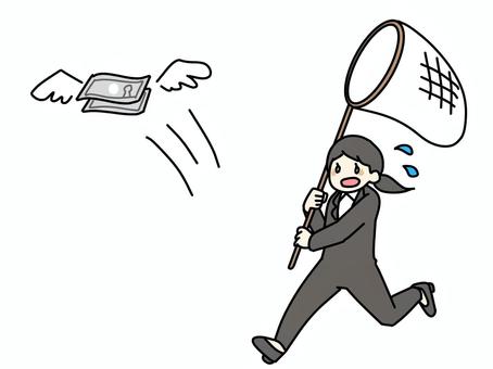 飛んでいくお金を追いかける女性会社員 お金,お札,女性,会社員,追いかける,財産,貯金,給料,逃げる,損失のイラスト素材