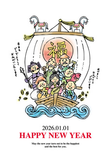 年賀状2026（030） 年賀状,七福神,宝船,船,小判,波,海,福,冬,正月のイラスト素材