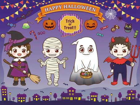 ハロウィンの仮装とお菓子 その1 ハロウィン,カボチャ,街並み,シルエット,魔女,ミイラ男,ゴースト,幽霊,悪魔,仮装のイラスト素材