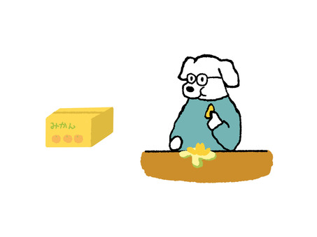みかんを食べる犬 犬,動物,キャラクター,擬人化,食べ物,果物,みかん,みかん箱,段ボール,食べるのイラスト素材