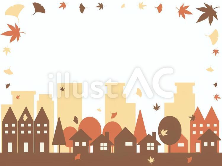 オレンジの紅葉と銀杏の町並みのフレーム 町並み,紅葉,シルエットのイラスト素材