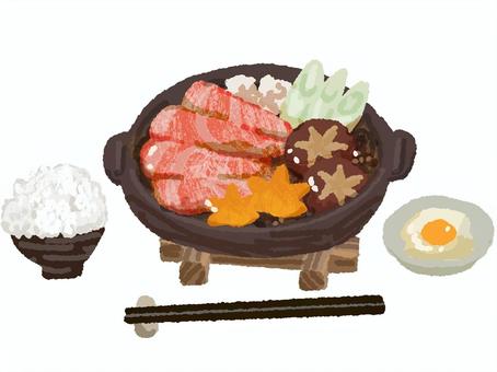 すき焼きセット（ご飯・玉子） すき焼き,ご飯,玉子,和食,食べ物のイラスト素材