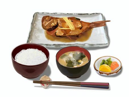 煮魚とごはん（A2） 煮魚,魚料理,魚,煮つけ,定食,和風,ご飯,みそ汁,漬物,箸のイラスト素材