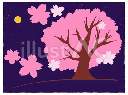 夜桜のイラスト(人物なしでシンプルな風景