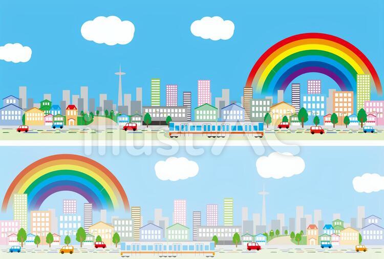 町　街　空　虹　車　電車 町イメージ,町イベント,イベント告知のイラスト素材