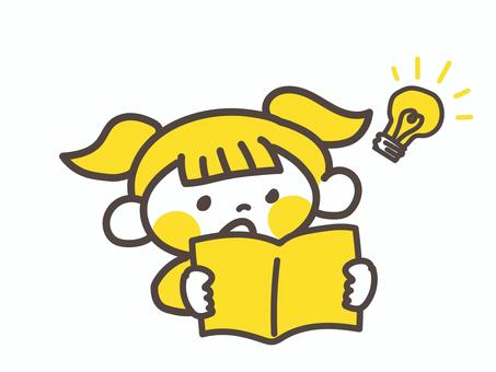 本を読んでひらめく女の子 子ども,かわいい,黄色,幼い,女の子,二頭身,キャラクター,本,ひらめき,アイデアのイラスト素材