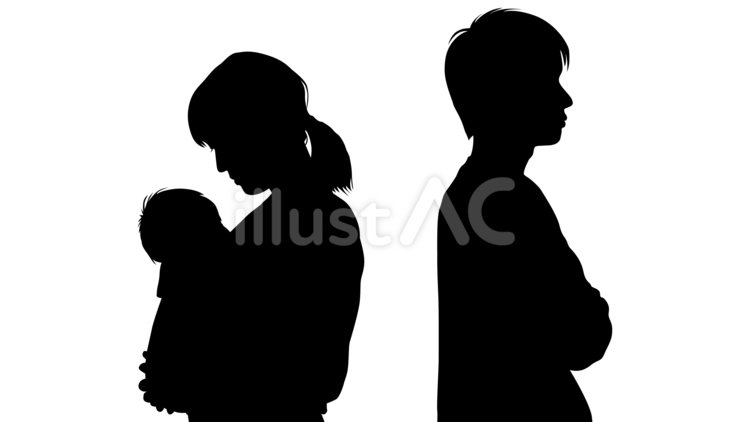 赤ちゃんを抱いた若い女性と男性シルエット ワンオペ,夫婦,乳児のイラスト素材