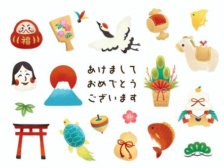 縁起物と２０２６年午年年賀素材 午年,正月,２０２６年,年賀状,あけましておめでとう,新年,縁起物,冬,門松,鏡餅のイラスト素材