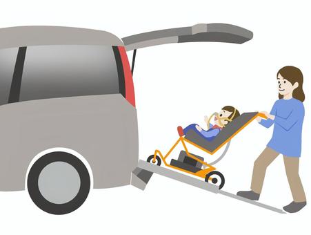 スロープ車でお出かけ鼻マスク式人工呼吸器 医療的ケア児,バリアフリー,福祉車両,スロープ,お出かけ,楽しい,バギー,車椅子,人工呼吸器,鼻マスクのイラスト素材