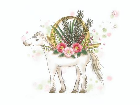 お正月飾りをのせた白い馬 正月,新年,年始,馬,正月飾り,十二支,干支,午,幻想的,カントリーのイラスト素材