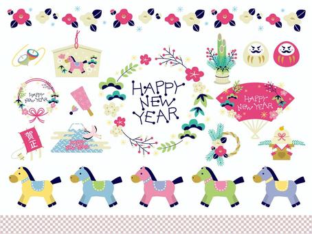 午年 正月イラスト 午年 正月イラスト 正月,午年,年賀状,手描き,フレーム,あしらい,枠,馬,扇,椿のイラスト素材