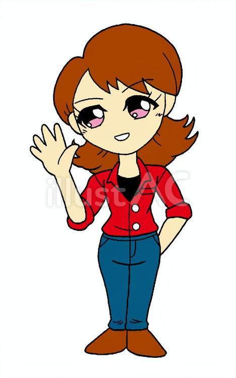 手を振る女性　デフォルメ　イラスト 茶髪,女性,三頭身のイラスト素材