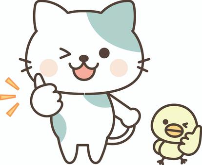 いいねするネコとトリ ネコ,動物,ひよこ,キャラクター,いいね,笑顔,かわいい,親指,褒める,okのイラスト素材