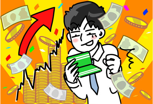 株投資で大金を手にし通帳を確認する会社員 お金,人物,若い,仮想通貨,ビットコイン,貯金,男性,ドル,貯まる,紙幣のイラスト素材