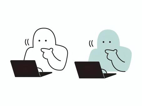 パソコンを前に納得・思考するシンプル人間 パソコン,仕事,納得,なるほど,思考,理解,聞き上手,ヒヤリング,スッキリ,ひらめきのイラスト素材