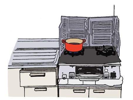 小豆を煮ているところ 台所,ガス台,油跳ね防止ガード,鍋,お菓子作りのイラスト素材