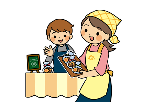 バザーでクッキーを売る男女 バザー,出店,手作り,クッキー,お菓子,エプロン,三角巾,男女,二人,女の子のイラスト素材