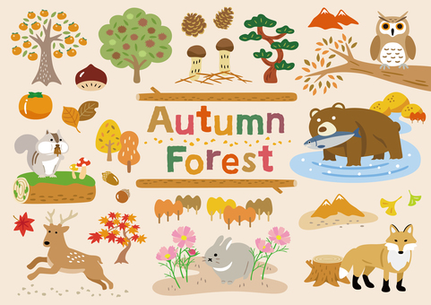 秋の森と動物たち 秋,背景,紅葉,フレーム,アイコン,あしらい,コスモス,動物,9月,10月のイラスト素材