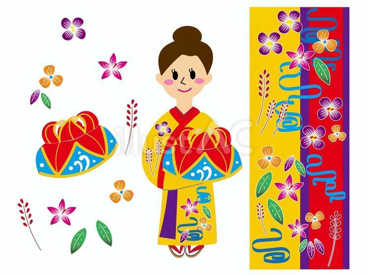沖縄紅型着物と花笠を持つ女性 沖縄,紅型,着物のイラスト素材