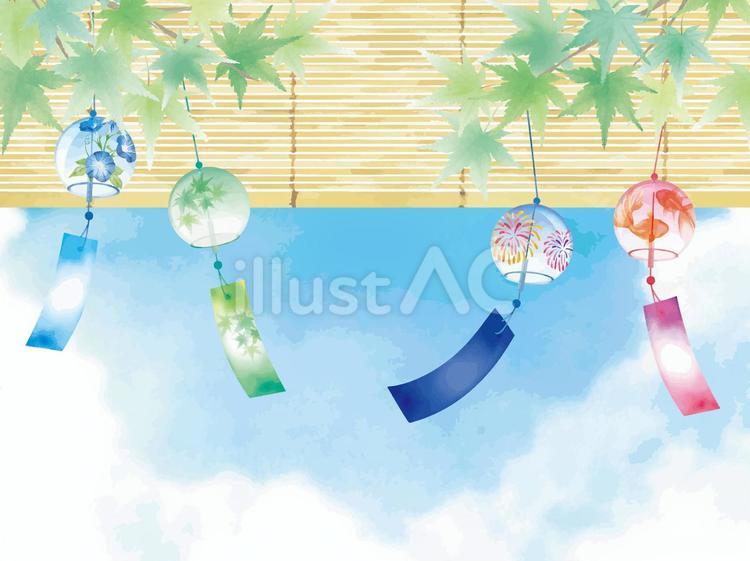 水彩手書きの涼を感じる夏の風景 風鈴,ウィンドチャイム,青楓のイラスト素材