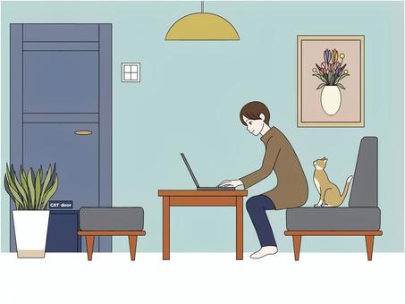 北欧風インテリア　猫の居る生活　PC作業 猫,インテリア,北欧テイスト,全身,ソファ,オットマン,観葉植物,チューリップ,猫ドア,pc作業のイラスト素材