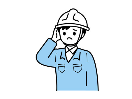 困り顔で頭をかく作業着の男性02 人物,男性,困惑,不安,疑問,確認,作業,作業着,作業員,ヘルメットのイラスト素材