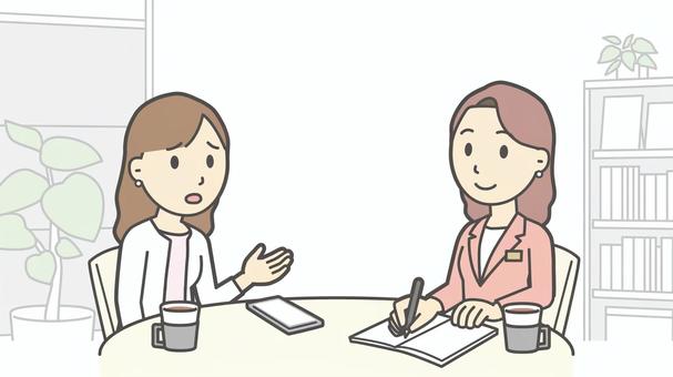  婚活07-相談する女性_横長 相談,女性,婚活,お見合い,結婚相談所,カウンセラー,面談,悩む,助言,アドバイスのイラスト素材