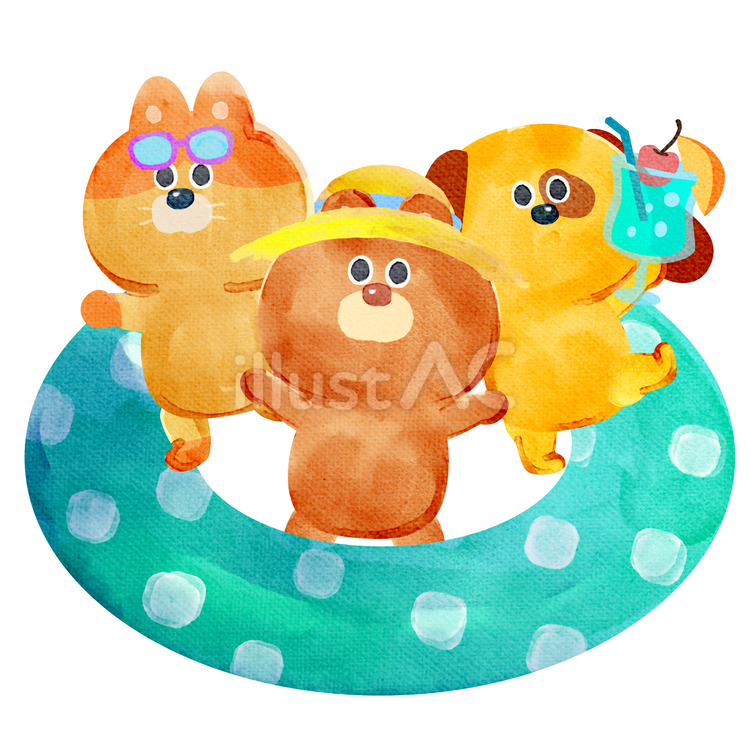 水彩画_浮き輪と動物たち_01 熊,猫,犬のイラスト素材