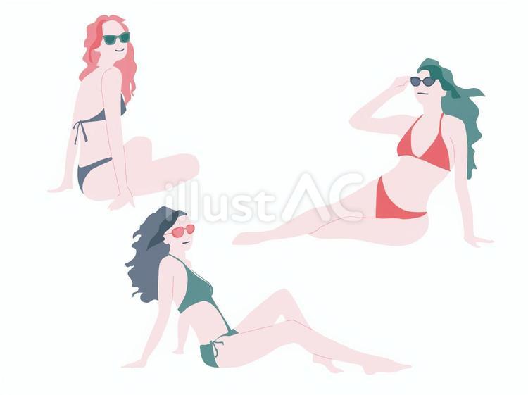 ビキニ姿の女性　三人組　セット 女性,ビキニ,水着のイラスト素材