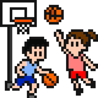 ドット絵のバスケットボールで遊ぶ子供たち ドット絵,バスケットボール,シンプル,子供,遊ぶ,体育,クラブ,部活,サークル,スポーツのイラスト素材