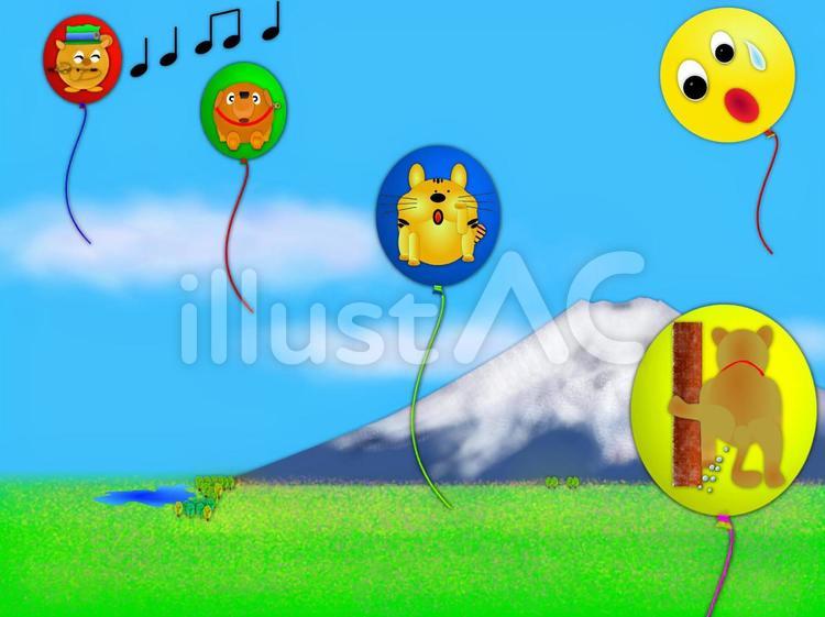 皆で風船旅行（2153） 風船,乗り物,富士山のイラスト素材