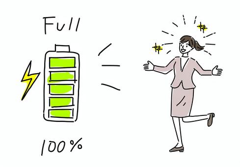 充電が100％になった女性手描き線画 女性,電池,充電,やる気,100％,フルパワー,元気,主婦,充電完了,会社員のイラスト素材