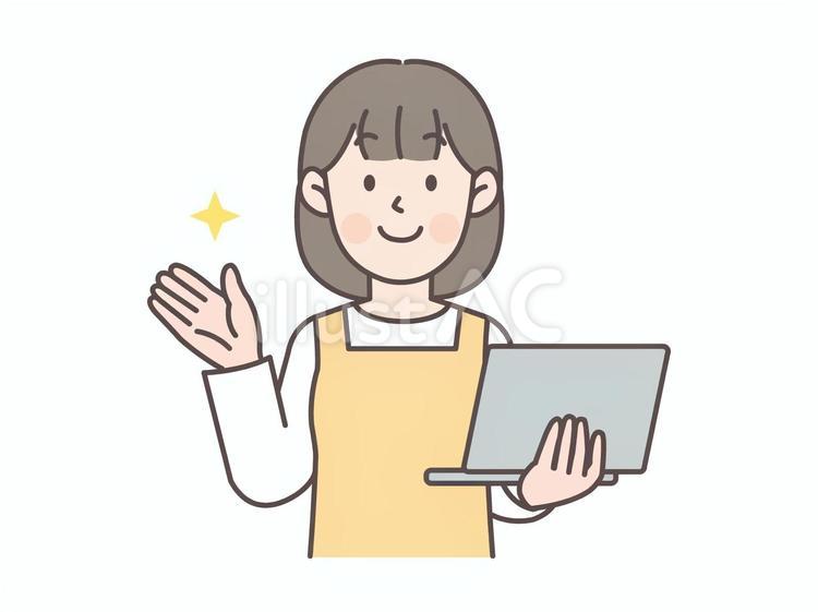 パソコンを持ちながら案内する主婦_黄色 主婦,エプロン,人物のイラスト素材