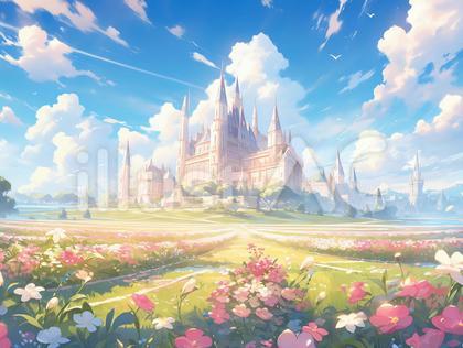 ピンクと白の花畑に囲まれた白亜の城_背景