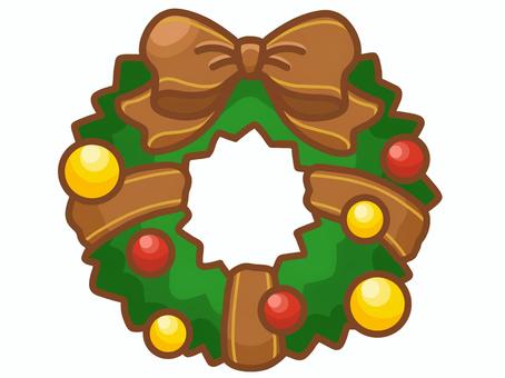 クリスマス・リース（茶リボン） クリスマス,リース,茶,リボン,手描き,一つ,一個,ワンポイント,かわいい,シンプルのイラスト素材