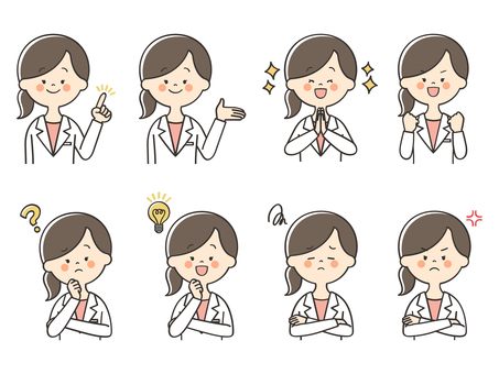 白衣の女性のセット 女医,ポイント,指差し,強調,紹介,案内,説明,教える,解説,重要のイラスト素材