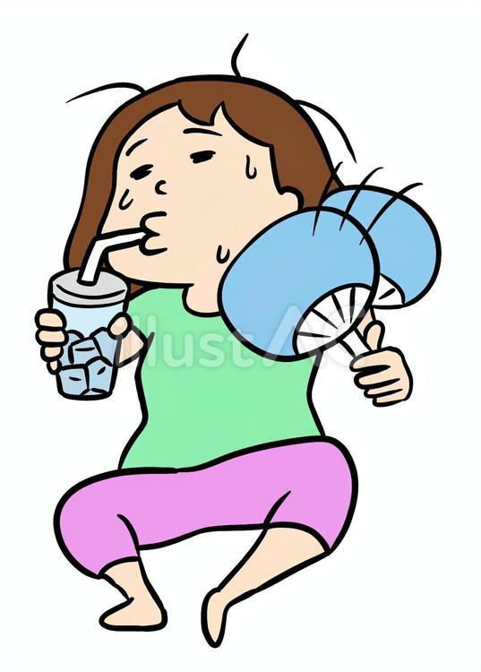 うちわと水分補給で暑さ対策をする女性 熱中症対策,対策,水分のイラスト素材