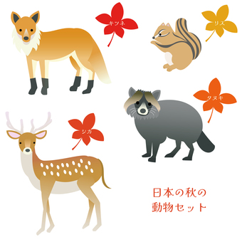 日本の秋の動物セット 日本の秋の動物セット 動物,秋,森,シカ,キツネ,タヌキ,リス,かわいいのイラスト素材