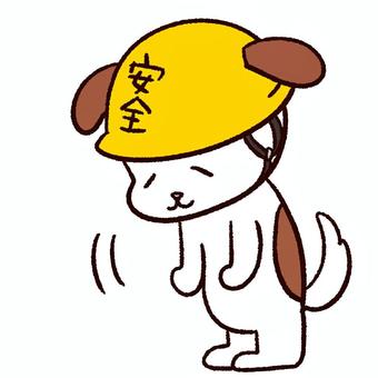 安全ヘルメットをかぶってお辞儀をする犬２ 犬,わんこ,わんちゃん,ブチ犬,かわいい,ゆるい,ごめん,挨拶,ごめんなさい,ヘルメットのイラスト素材