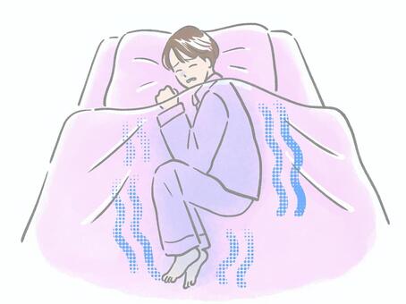 布団の中で冷えて眠れない女性 女性,全身,就寝,ベッド,布団,冷え,睡眠,不眠,冷え性,生活習慣のイラスト素材