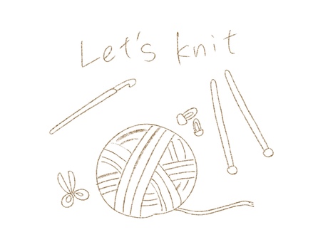 Lets  knit 編み物,かぎ針,棒針,ハサミ,クリップ,毛糸,毛糸玉,手芸,ハンドメイド,手描きのイラスト素材