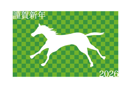年賀状　白馬と市松模様2 年賀状,テンプレート,午,走る,馬,市松模様,シルエット,全身,白馬,午年のイラスト素材