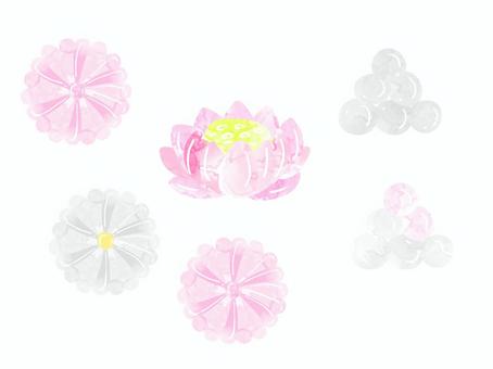神仏お供えのセット お供え,落雁,砂糖菓子,団子,お彼岸,お盆,蓮,菊のイラスト素材