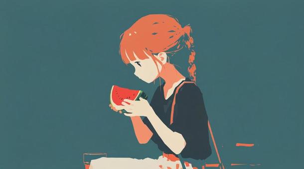 スイカを見つめる赤髪の女の子