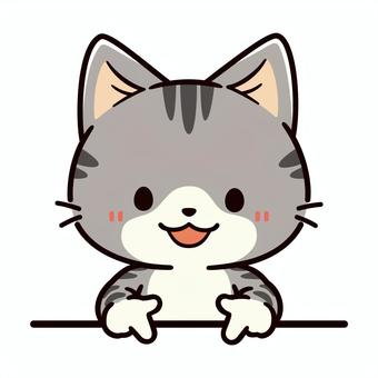 ひょこっと出て真下を指差す可愛いサバトラ 猫,指差し,ポイント,チェック,方向,手描き,動物,説明,下,お知らせのイラスト素材