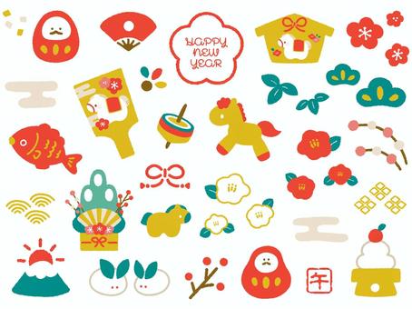 かわいい牛年お正月・年賀手描き素材セット 午,午年,年賀状,お正月,和柄,和風,かわいい,おしゃれ,セット,アイコンのイラスト素材